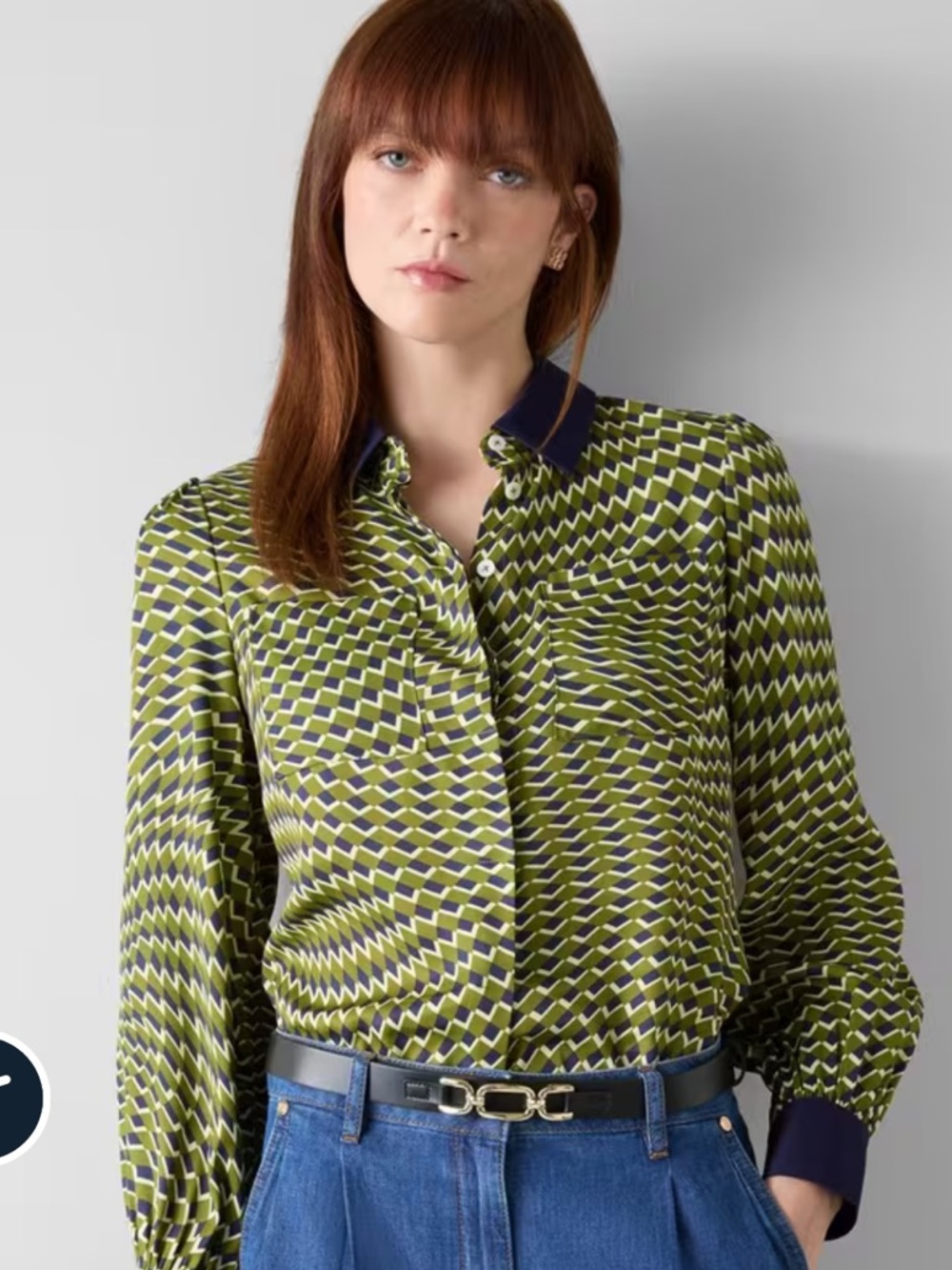 LK Bennett Olive and Navy Geometric Print Blouse